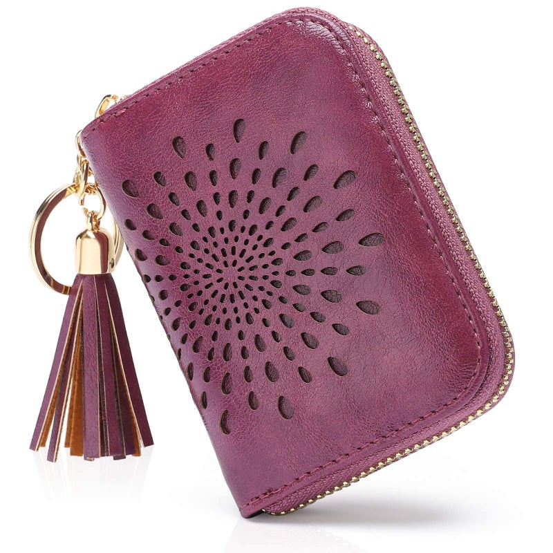 APHISON RFID Credit Card Holder Zipper Card Case Keychain Small Wallet for Women 1927 PURPLISH-RED - Image 1